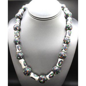 Vintage Hand Painted Folk Art Ethnic‎ Chunky Clay Bead Silver Tone 20" Necklace